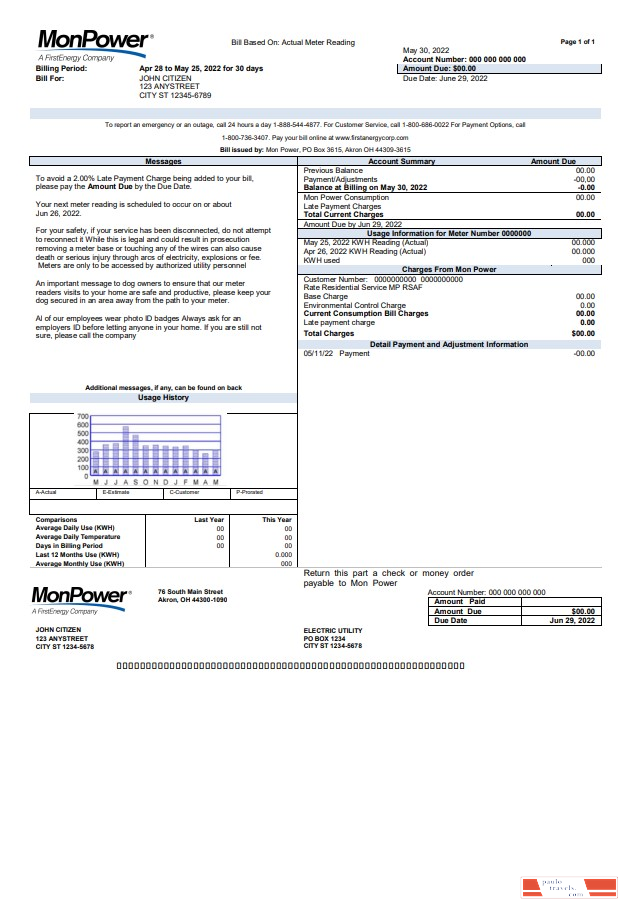 USA Mon Power utility bill template in Word and PDF format
